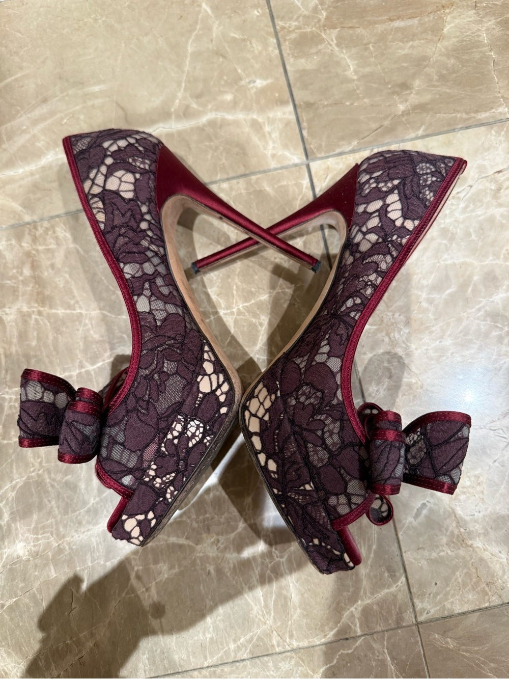 Valentino Burgundy and Black Lace Peep-Toe Bow Pumps - Picture 6 of 8
